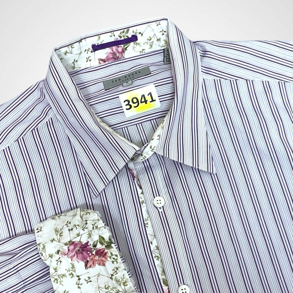 Men's Ted Baker Shirt Sz 5 White Purple Striped Button Up Long Sleeve 10/12-XL - Picture 2 of 10